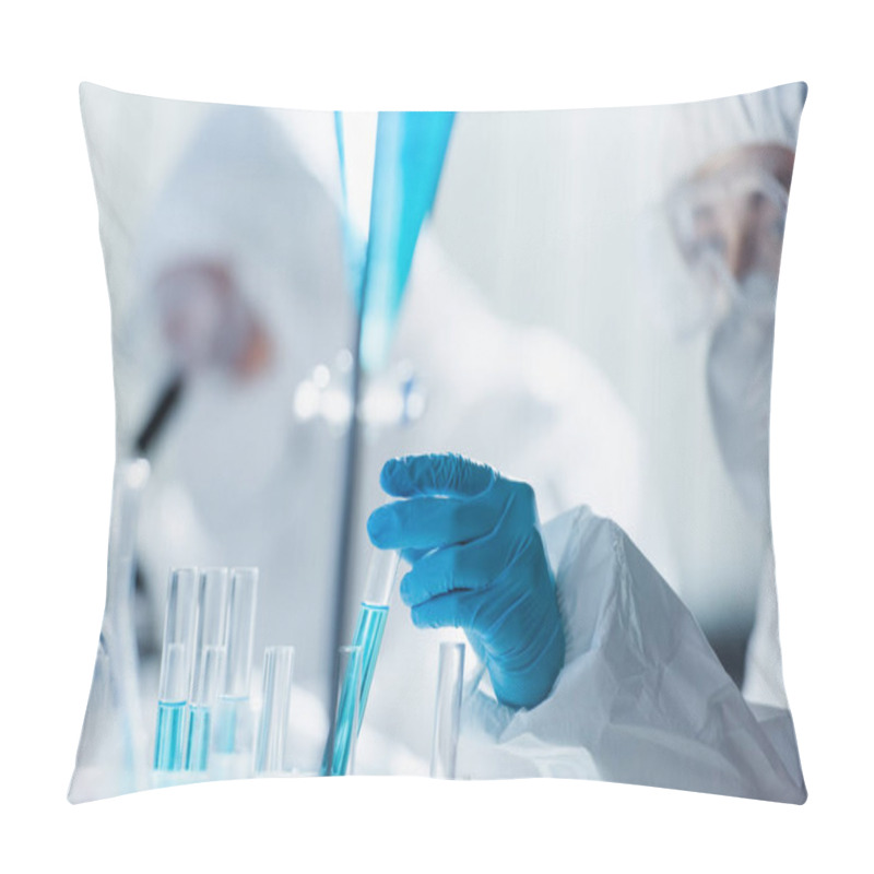 Personality  Blurred Bioengineer In Latex Glove Working With Test Tubes In Laboratory Pillow Covers