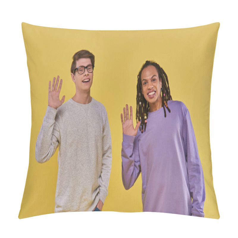 Personality  Two Cheerful Friends In Purple And White Sweatshirts Waving And Smiling At Camera, Diversity Pillow Covers