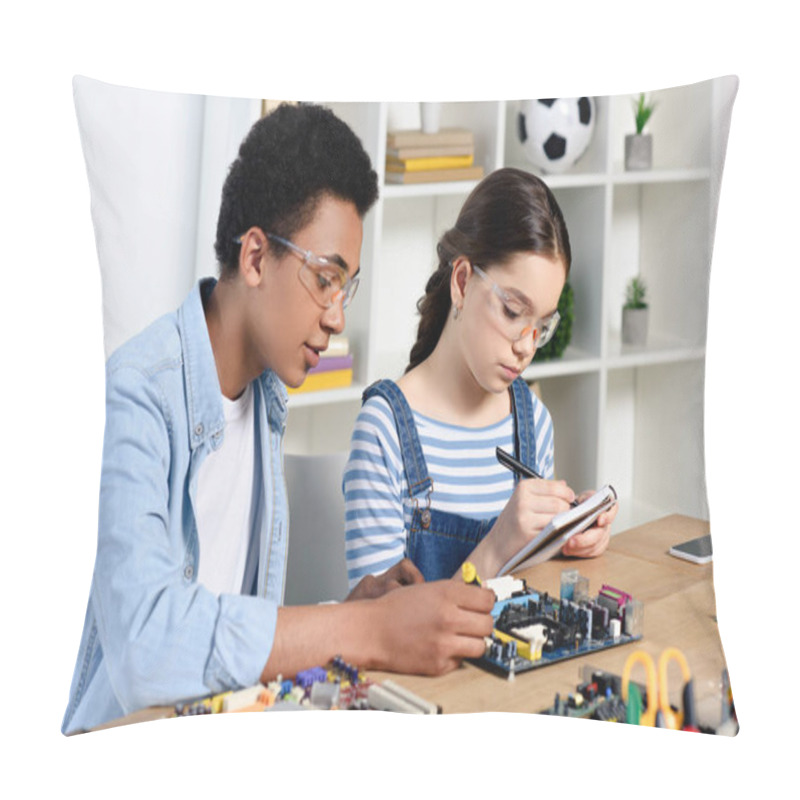 Personality  Multicultural Friends Studying Together And Testing Computer Circuit At Home Pillow Covers