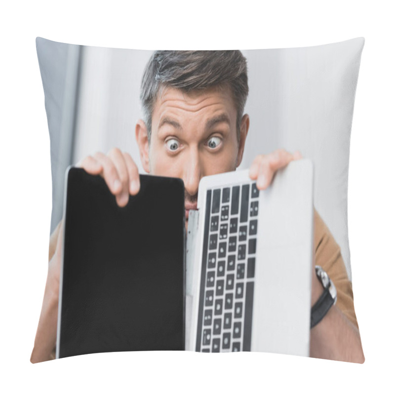 Personality  Surprised Businessman Looking At Broken Laptop On Blurred Background Pillow Covers