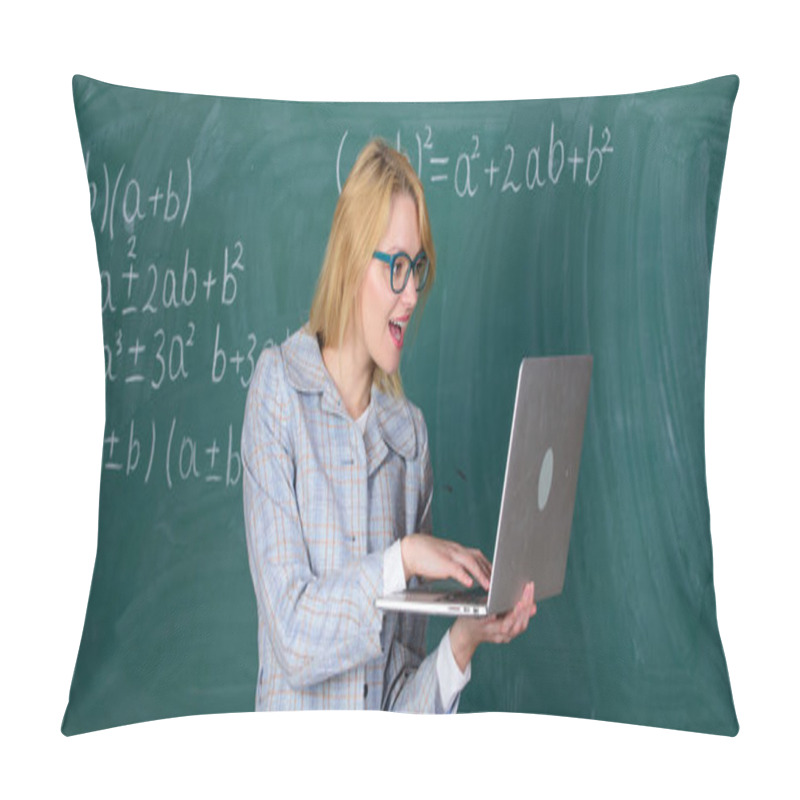 Personality  Educator Smart Clever Lady With Modern Laptop Searching Information Chalkboard Background. Learn It Easy Way. Online Schooling Concept. Woman Teacher Wear Eyeglasses Holds Laptop Surfing Internet Pillow Covers