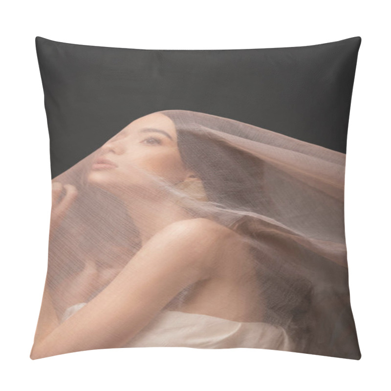 Personality  Asian Long Haired Woman With Naked Shoulder Looking Away Under Beige Fabric Isolated On Black Pillow Covers