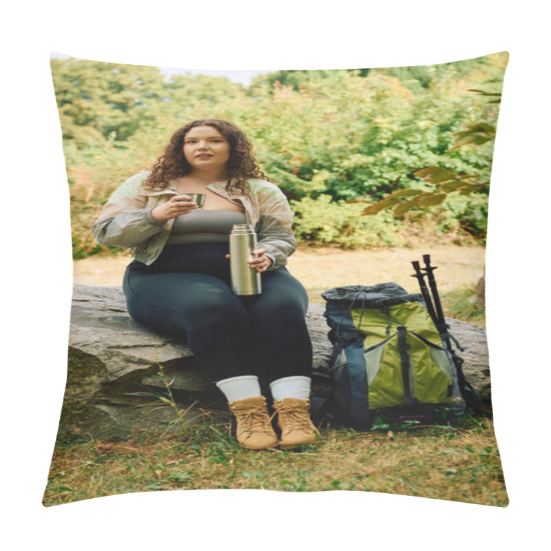 Personality  A Plus Size Woman Savors Warm Tea While Resting On A Rock Amid Lush Greenery. Pillow Covers