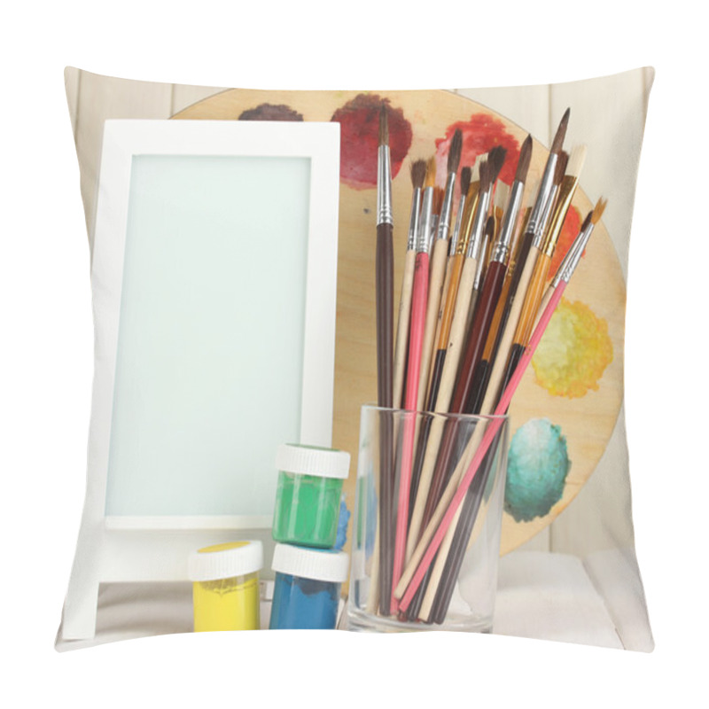 Personality  Photo Frame As Easel With Artist's Tools On Wooden Background Pillow Covers