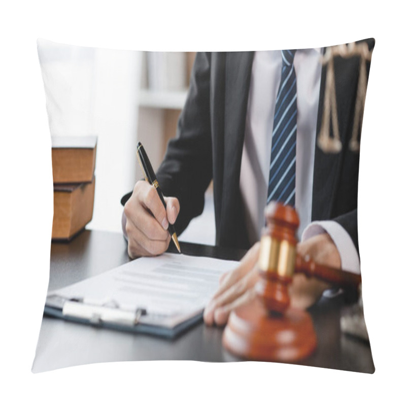 Personality  A Lawyer Sits In His Office, On A Table With A Small Hammer To Beat The Judges Desk In Court. And Justice Scales, Lawyers Are Drafting A Contract For The Client To Use With The Defendant To Sign. Pillow Covers