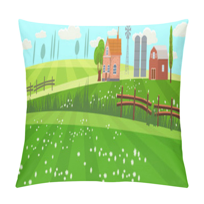 Personality  Rural Spring Landscape Countryside With Farm Field With Green Grass, Flowers, Trees. Farmland With House, Windmill And Hay Stacks. Outdoor Village Scenery, Farming Background. Vector Illustration Pillow Covers