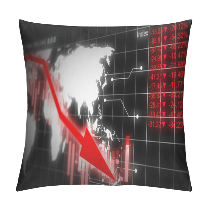 Personality  Economic Recession Concept. World Map And Financial Graph Chart In Freefall Amidst Global Financial Crisis And Stock Market Crash Pillow Covers