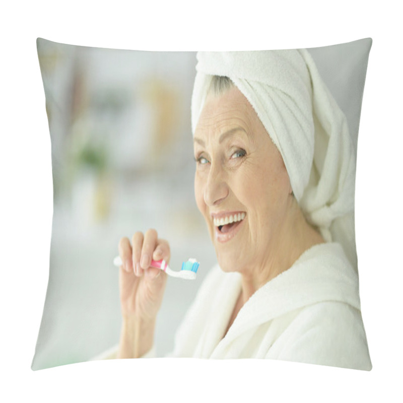 Personality  Elderly Woman Brushing Her Teeth  Pillow Covers