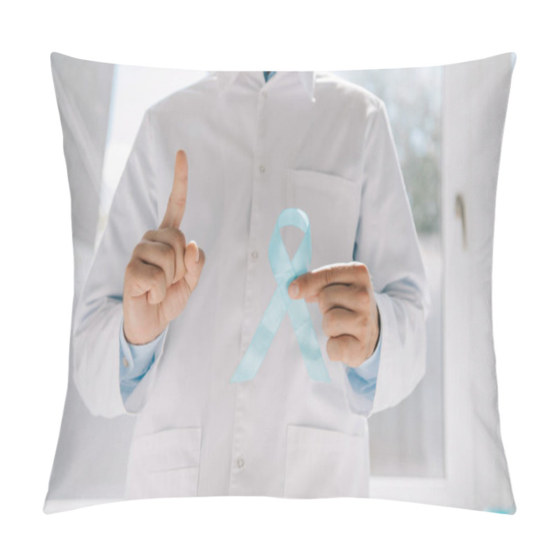 Personality  Partial View Of Doctor Holding Blue Awareness Ribbon And Showing Attention Gesture Pillow Covers