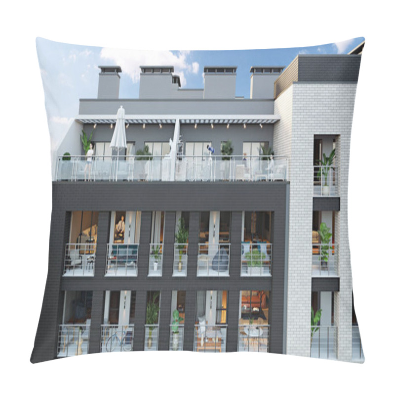 Personality  3d Rendering Of A  Part Of A Modern Multistory City Building With Balconies And Terraces Pillow Covers