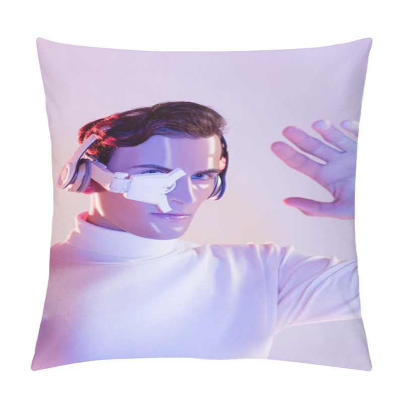 Personality  Cyborg Man In Eye Lens And Headphones Looking At Hand On Blurred Foreground On Purple Background Pillow Covers