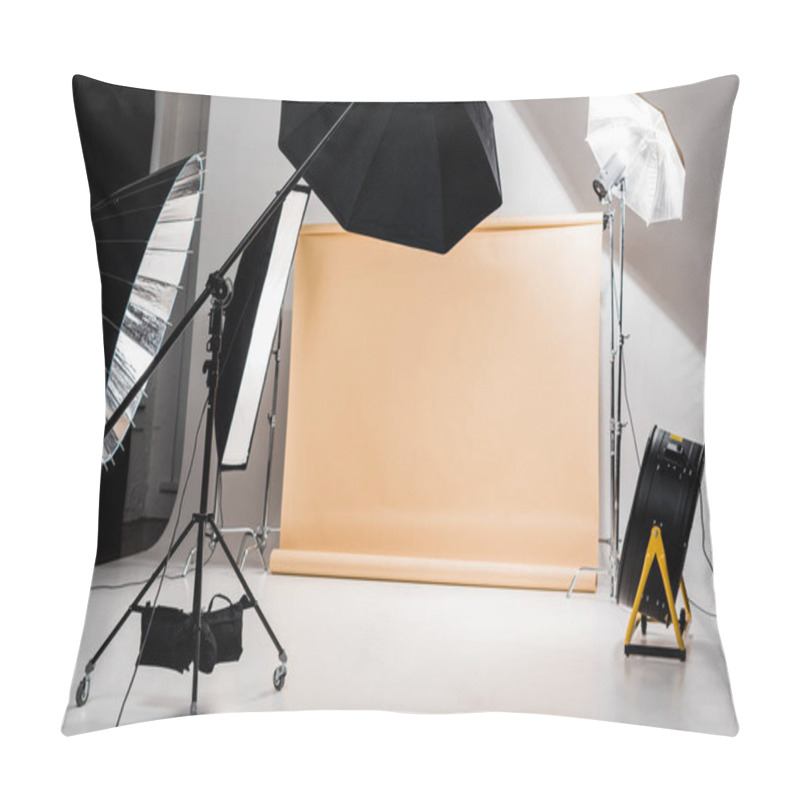 Personality  Professional Photo And Lighting Equipment In Empty Photo Studio Pillow Covers