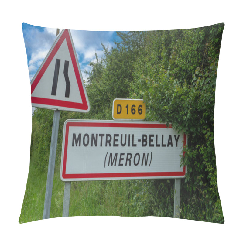 Personality  A Sign With The Word Montreuil-Bellay On It. The Sign Is Yellow And Red Pillow Covers