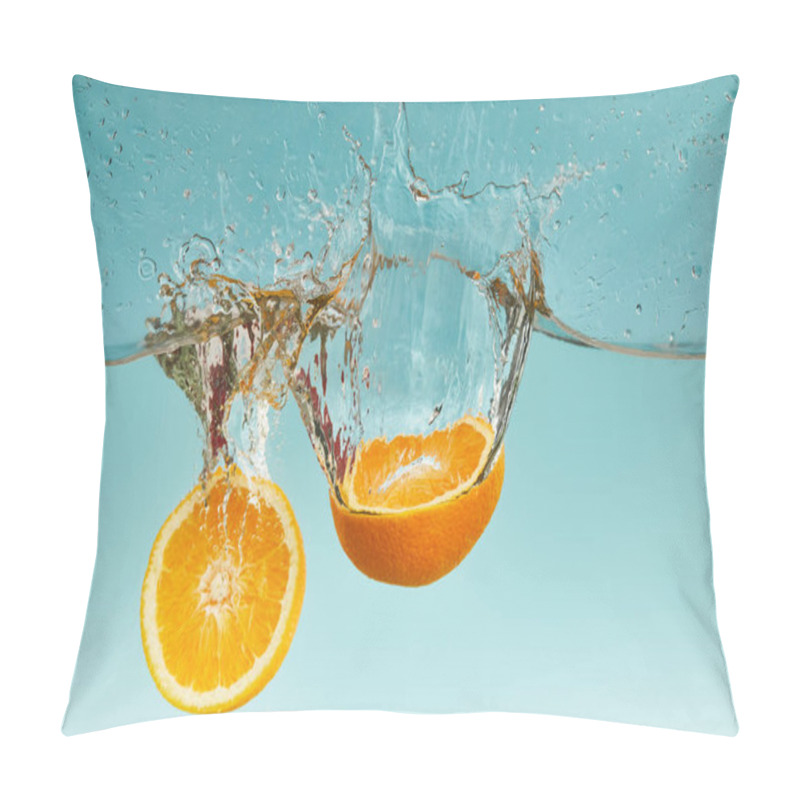 Personality  Bright Orange Halves Falling In Water With Splashes On Blue Background Pillow Covers