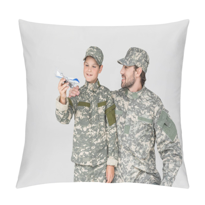 Personality  Portrait Of Father And Son In Military Uniforms With Toy Plane Isolated On Grey Pillow Covers