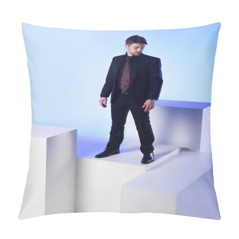 Personality  Businessman In Black Suit Standing On White Block Isolated On Blue Pillow Covers