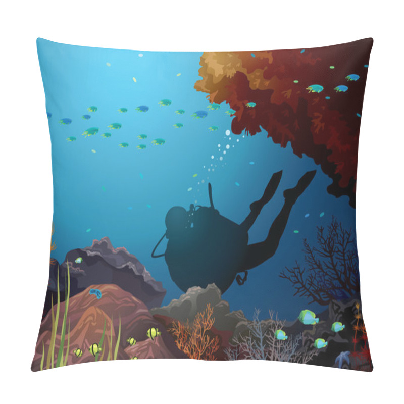 Personality  Coral Reef And Diver. Pillow Covers