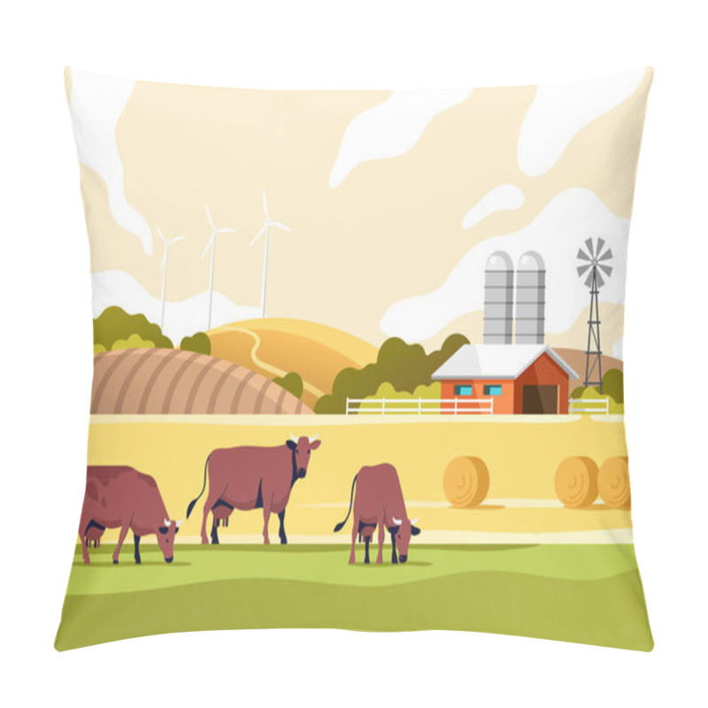 Personality  Agriculture Industry, Farming And Animal Husbandry Concept. Summer Rural Landscape With Cows, Fields And Farm. Vector Illustration. Pillow Covers