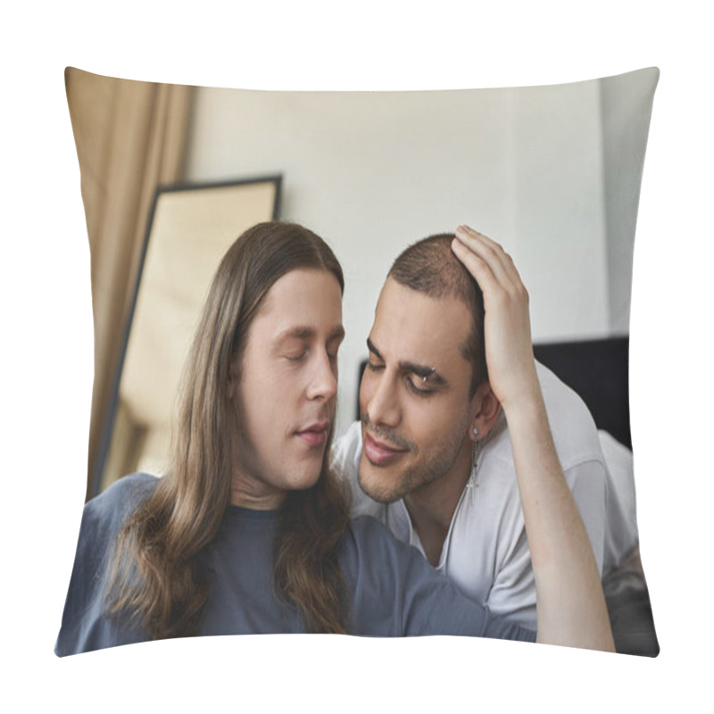 Personality  A Young Gay Couple Shares A Tender Moment In Their Bedroom, Displaying Love And Affection. Pillow Covers