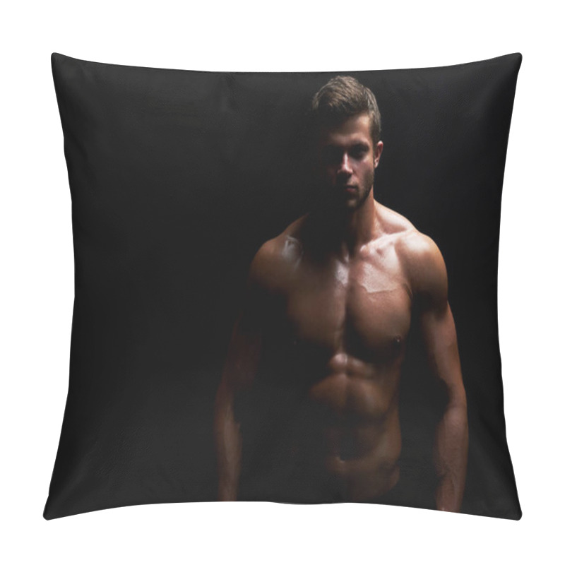 Personality  Young Muscular Fit Sportsman Posing Shirtless On Black Backgroun Pillow Covers