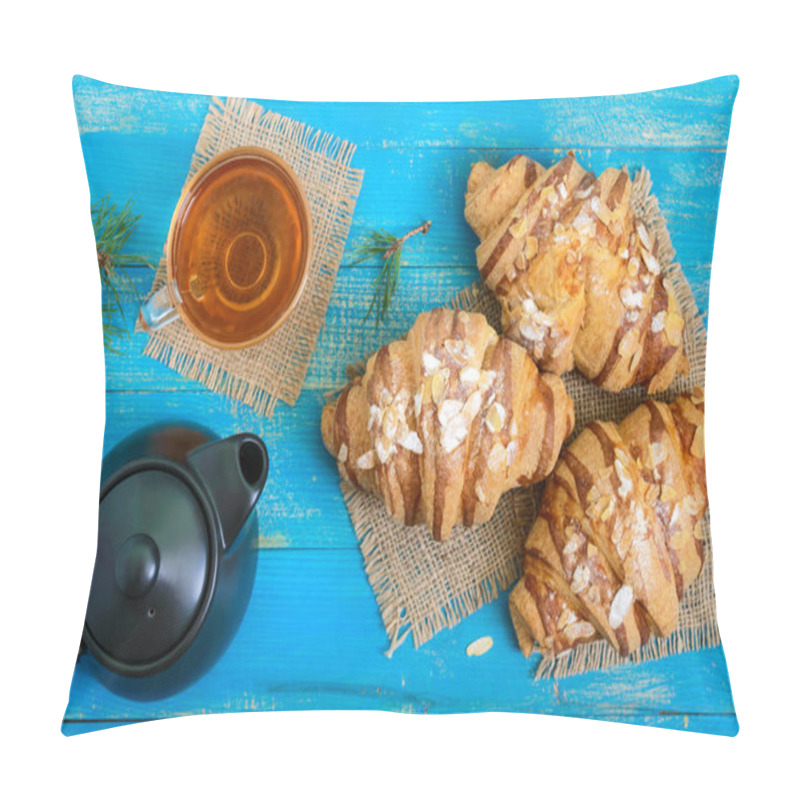 Personality  Freshly Baked Croissants With Almond Flakes, A Tea Pot And A Cup Of Tea On A Blue Wooden Background. French Pastries. Breakfast. Pillow Covers