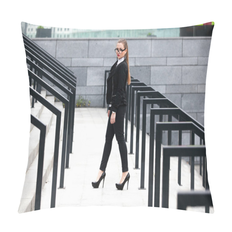 Personality  Woman In Black Suit Walking On Stairs With Railings At Street Pillow Covers