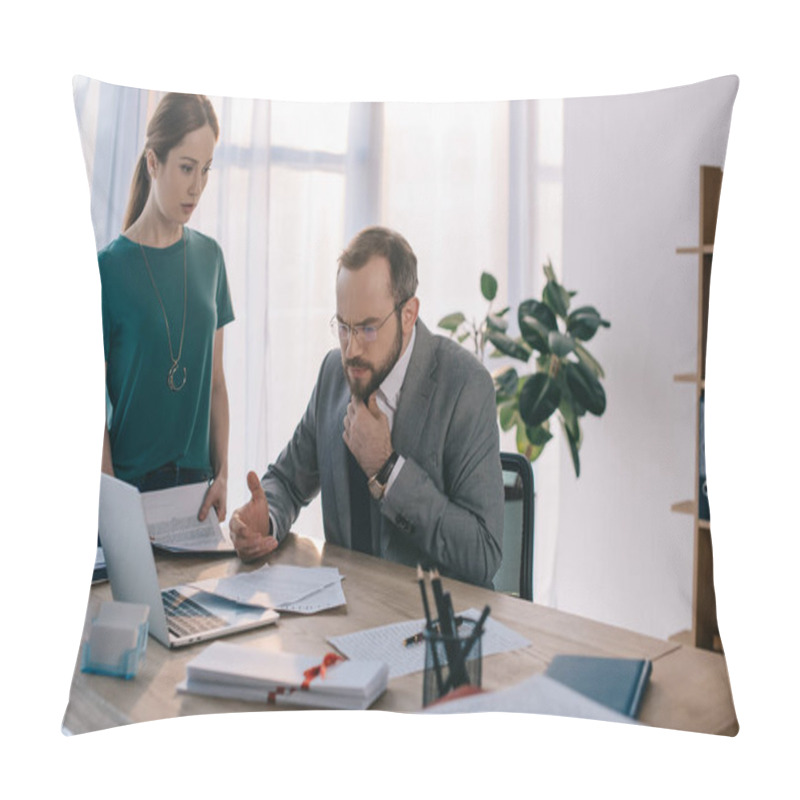 Personality  Focused Lawyer And Client At Workplace With Laptop In Office Pillow Covers