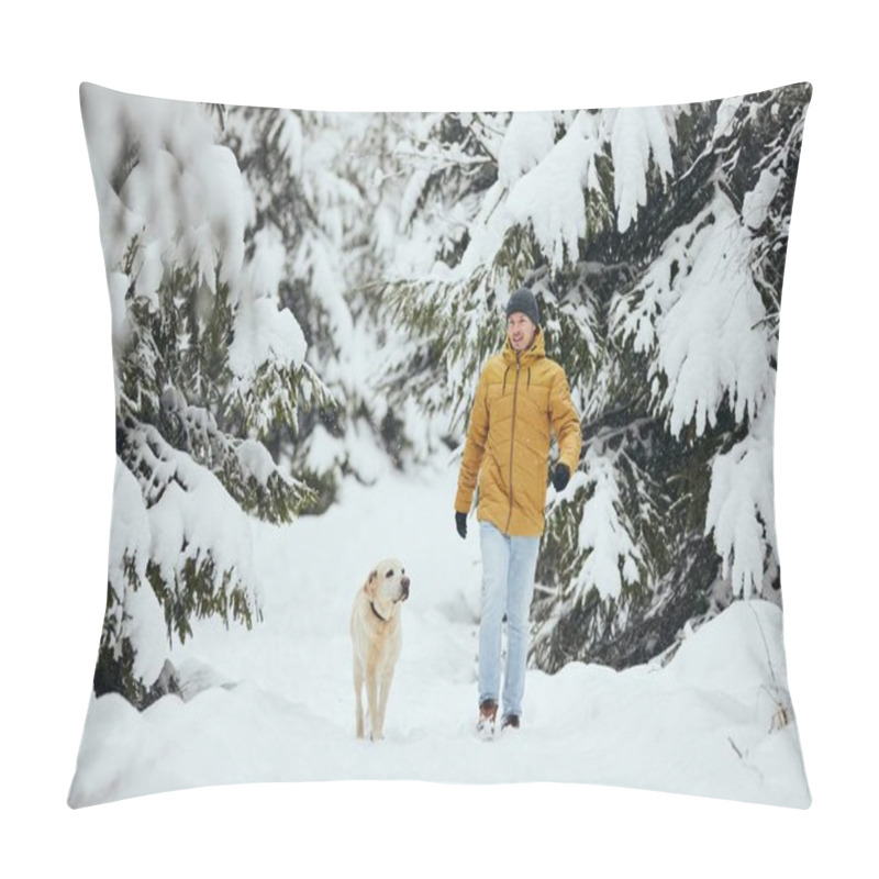 Personality  Front View Of Young Man With Dog In Winter Nature. Pet Owner With His Labrador Retriever Are Walking In Snow Covered Forest.  Pillow Covers