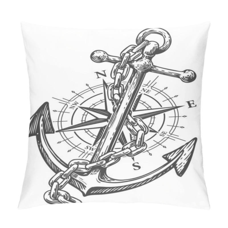 Personality  Compass, Rose Of Wind And Anchor With Rope In Engraving Style. Vintage Sketch Vector Illustration Pillow Covers