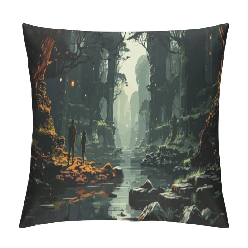 Personality  Woman Walks On A Branch On A Stream And Looks At The Monoliths In The Forest, Digital Art Style, Illustration Painting Pillow Covers