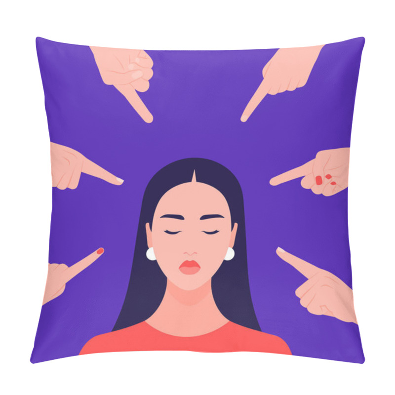 Personality  Shame. Hands Of Different People Point To The Girl. Portrait Of A Young Woman. Alien Opinion And The Pressure Of Society.Vector Flat Illustration Pillow Covers