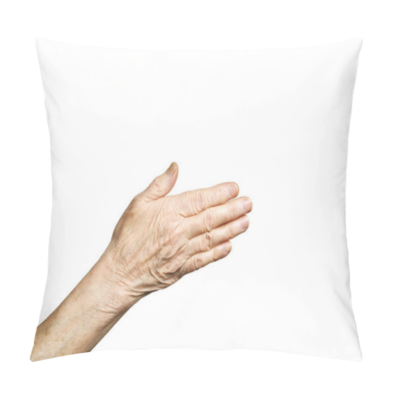 Personality  Senior Female Gesture Language, Hands Signs Isolated On Solid White Background. Old Female In Her Seventies / Eighties Showing Arms Forearms. Pillow Covers