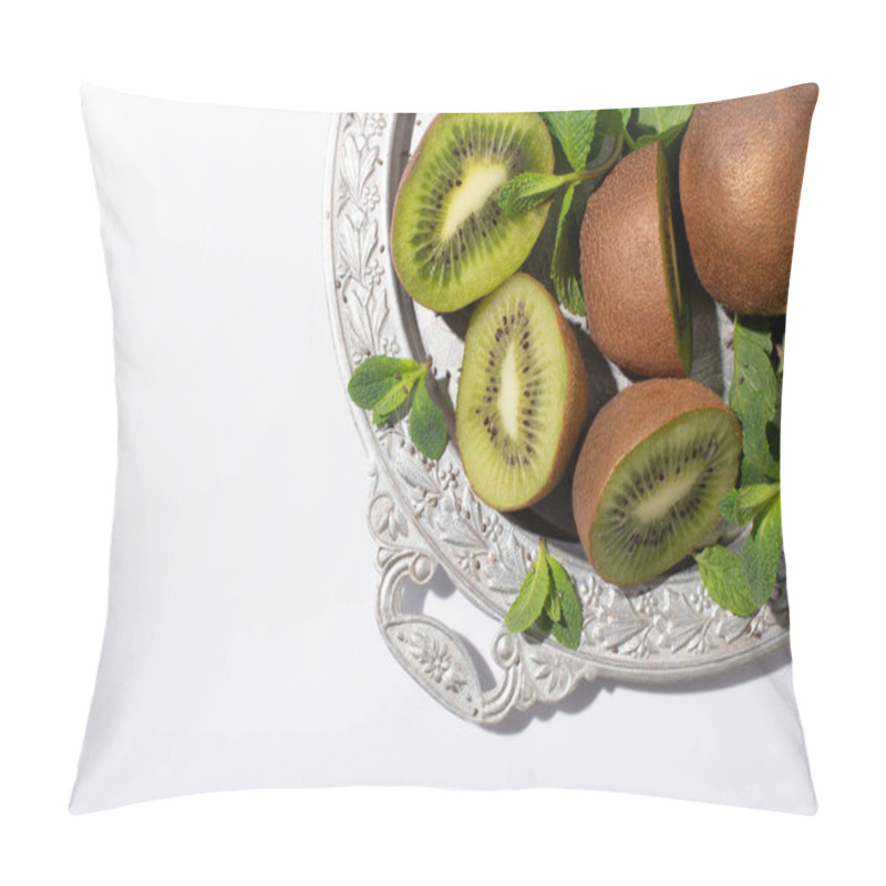 Personality  Top View Of Tasty Kiwi Fruits Near Fresh Peppermint On Silver Plate Isolated On White Pillow Covers