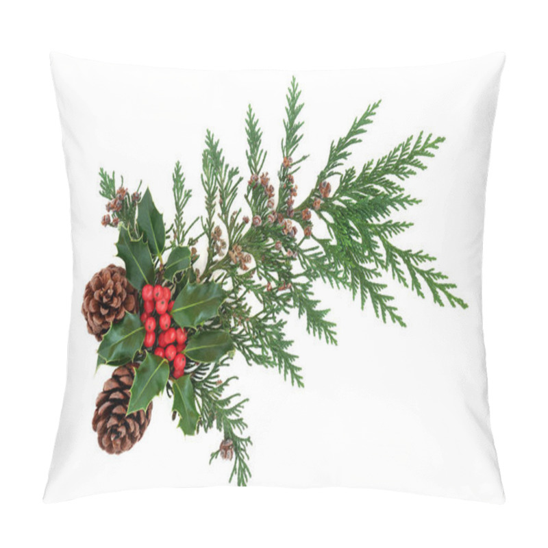 Personality  Winter Greenery With Holly, Cedar Cypress & Pine Cones Forming A Decorative Display Element For Christmas &  The New Year, On White Background. Flat Lay, Top View, Copy Space. Pillow Covers