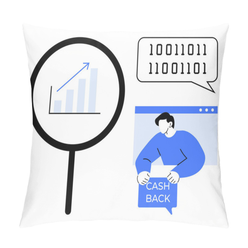 Personality  Magnifying Glass With Growth Chart, Binary Code Speech Bubble, And A Person Holding A Cashback Sign. Ideal For Financial Analysis, Tech-related Concepts, E-commerce, Data Analytics, And Business Pillow Covers