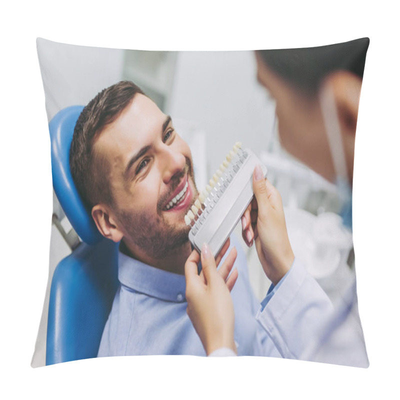 Personality  Doctor And Patient Choosing Tooth Implants In Modern Dental Clinic Pillow Covers