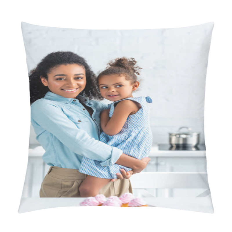 Personality  Happy African American Mother Hugging Daughter In Kitchen, Cupcakes On Table Pillow Covers