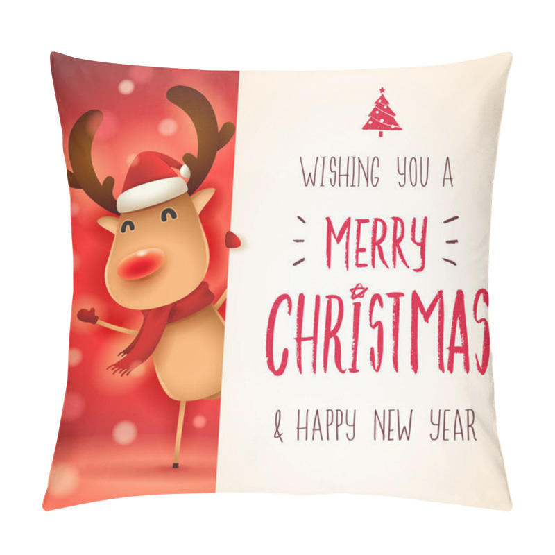 Personality  The Red-nosed Reindeer With Big Signboard. Merry Christmas Calligraphy Lettering Design. Creative Typography For Holiday Greeting. Pillow Covers