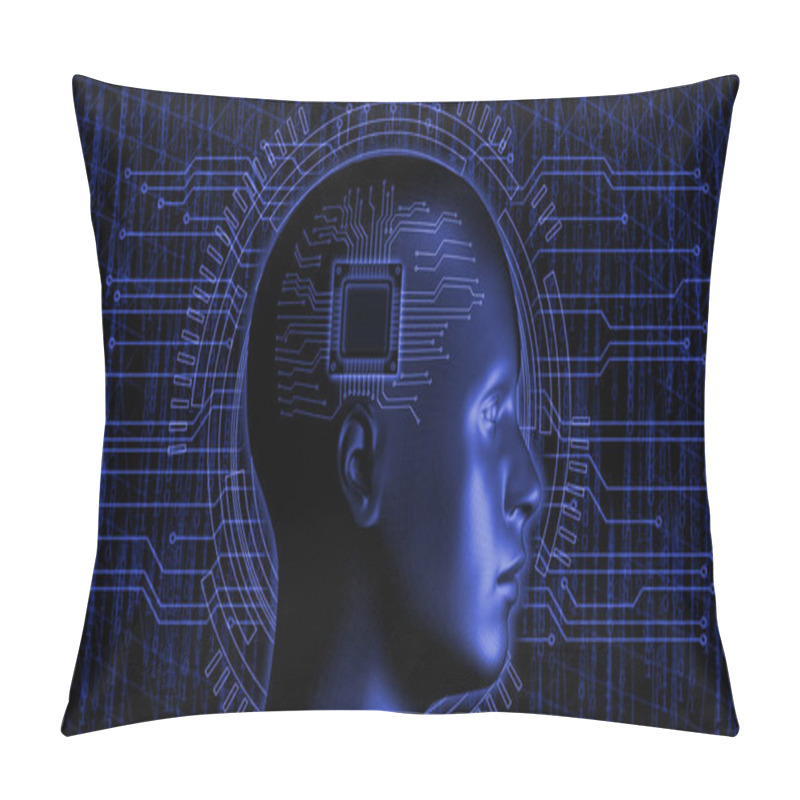 Personality  Artificial Intelligence. Human Head With Microchip. High-tech, Black And Blue Background. Pillow Covers