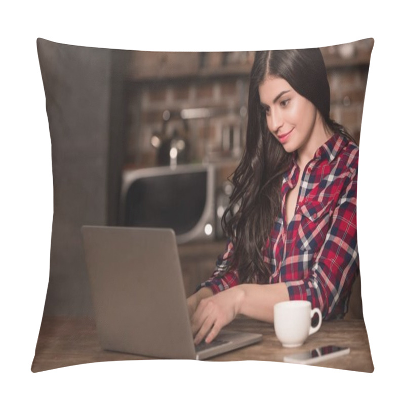 Personality  Girl With Laptop, Smartphone And Coffee Pillow Covers