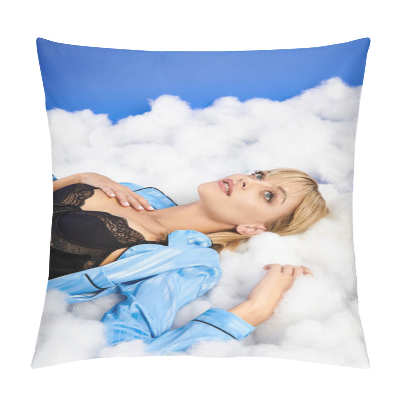 Personality  A Serene Woman With Closed Eyes Reclines On A Fluffy Cloud Amidst A Heavenly Sky. Pillow Covers