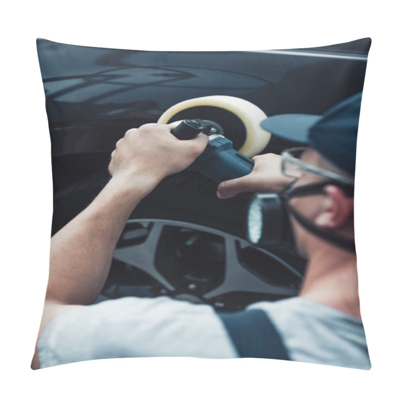 Personality  Selective Focus Of Car Cleaner In Protective Mask Polishing Car With Buffer Machine Pillow Covers