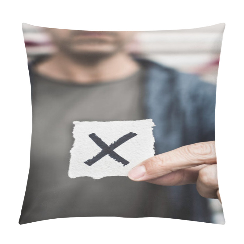 Personality  Closeup Of A Young Caucasian Person Holding A Piece Of Paper With A X Written In It, For The Third Gender Category Pillow Covers