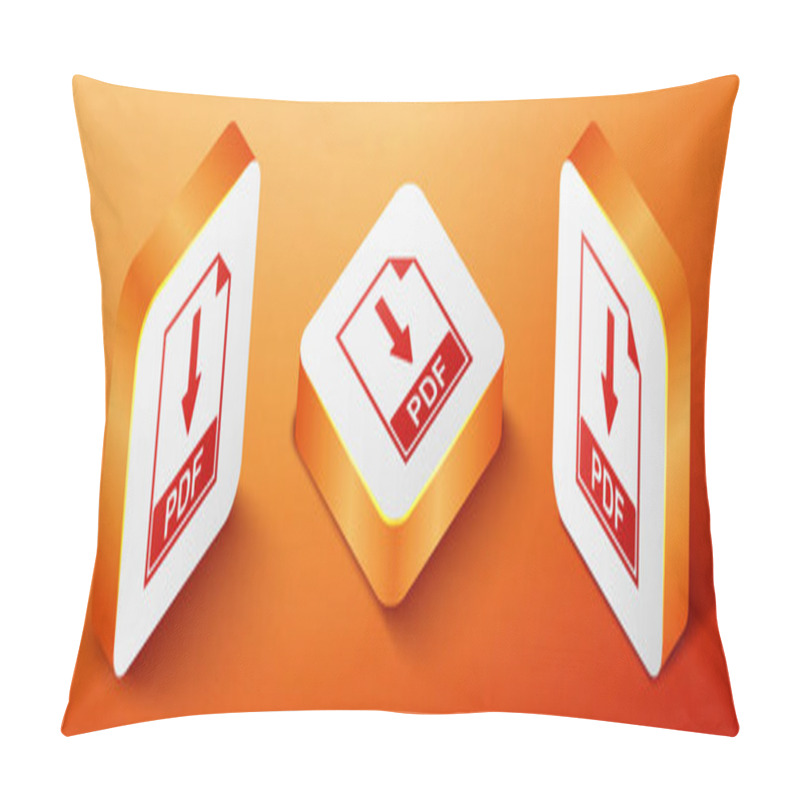 Personality  Isometric PDF File Document Icon Isolated On Orange Background. Download PDF Button Sign. Orange Square Button. Vector. Pillow Covers