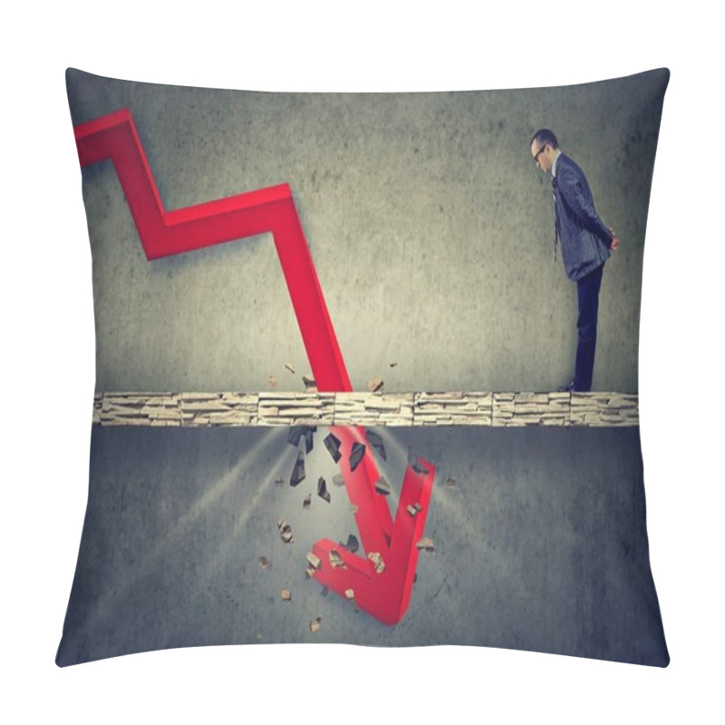 Personality  Depressed Business Man Looking Down At The Falling Red Arrow Going Through A Concrete Floor.  Pillow Covers