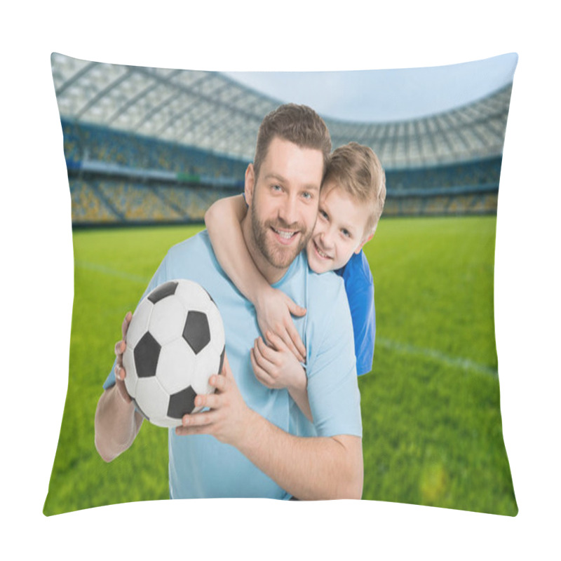 Personality  Happy Father An Son With Football Ball On Stadium Pillow Covers