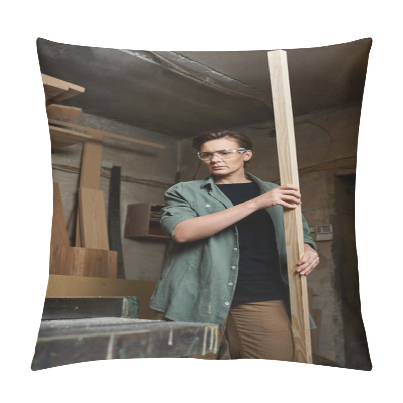 Personality  A Dedicated Female Carpenter Meticulously Working With A Wooden Plank In Her Workshop, Surrounded By Tools. Pillow Covers