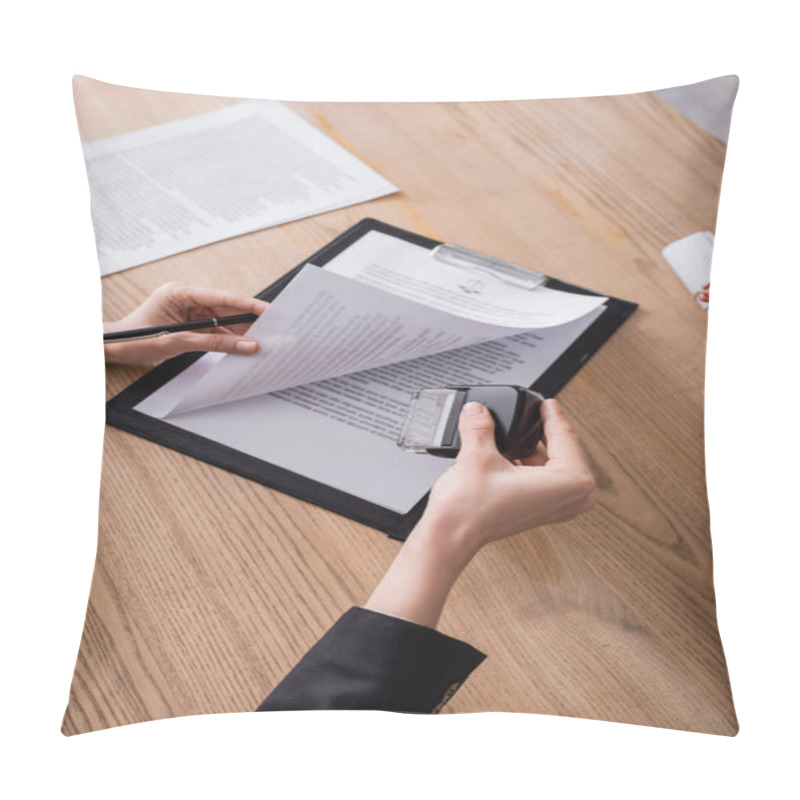 Personality  Top View Of Cropped Notary With Pen And Stamper Near Contract On Clipboard Pillow Covers