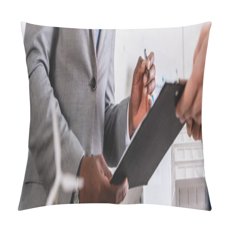 Personality  Partial View Of Businessman Holding Clipboard Near African American Partner And Wind Generator Model On Blurred Foreground, Banner Pillow Covers