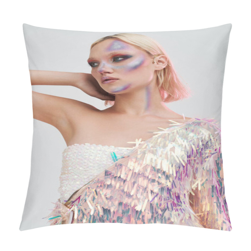 Personality  A Fashionable Young Woman Captivates With Holographic Attire And Stunning Makeup. Pillow Covers